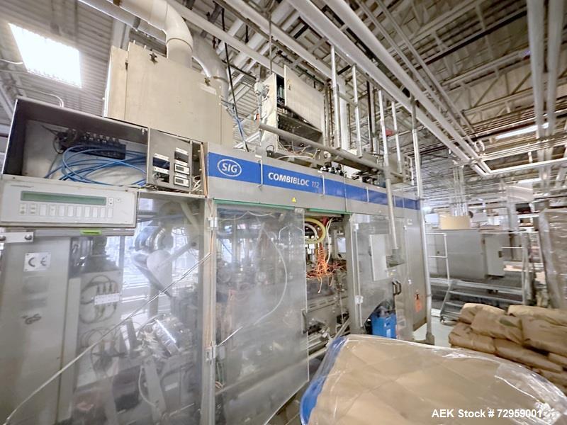 Used Combibloc (Sig) Model 112-32 Aseptic Brick Pack Cartoning Lines. The fillers are capable of running 125 ml, 150 ml, 200 ml or 250 ml cartons (with changeparts). Has Sig Beckhoff HMI with Siemens...