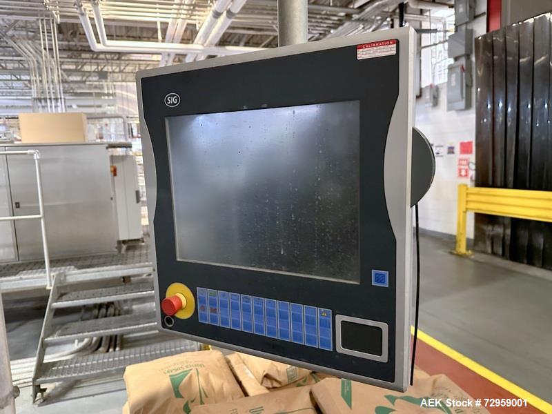 Used Combibloc (Sig) Model 112-32 Aseptic Brick Pack Cartoning Lines. The fillers are capable of running 125 ml, 150 ml, 200 ml or 250 ml cartons (with changeparts). Has Sig Beckhoff HMI with Siemens...
