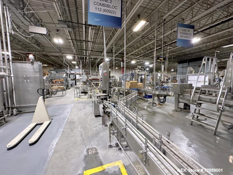 Used Combibloc (Sig) Model 112-32 Aseptic Brick Pack Cartoning Lines. The fillers are capable of running 125 ml, 150 ml, 200 ml or 250 ml cartons (with changeparts). Has Sig Beckhoff HMI with Siemens...
