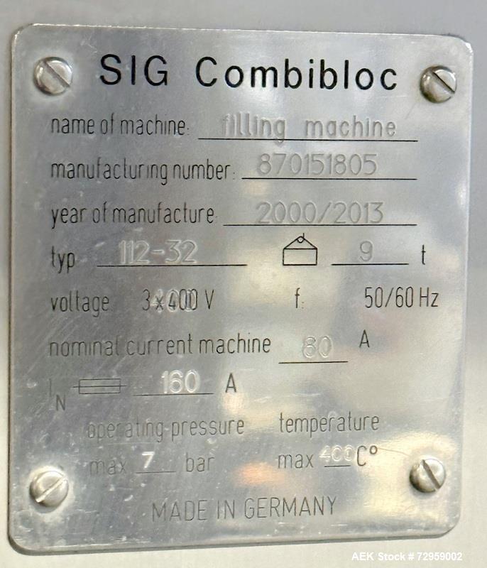 Used Combibloc (Sig) Model 112-32 Aseptic Brick Pack Cartoning Lines. The fillers are capable of running 125 ml, 150 ml, 200 ml or 250 ml cartons (with changeparts). Has Sig Beckhoff HMI with Siemens...