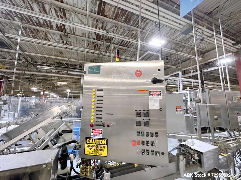 Used Combibloc (Sig) Model 112-32 Aseptic Brick Pack Cartoning Lines. The fillers are capable of running 125 ml, 150 ml, 200 ml or 250 ml cartons (with changeparts). Has Sig Beckhoff HMI with Siemens...