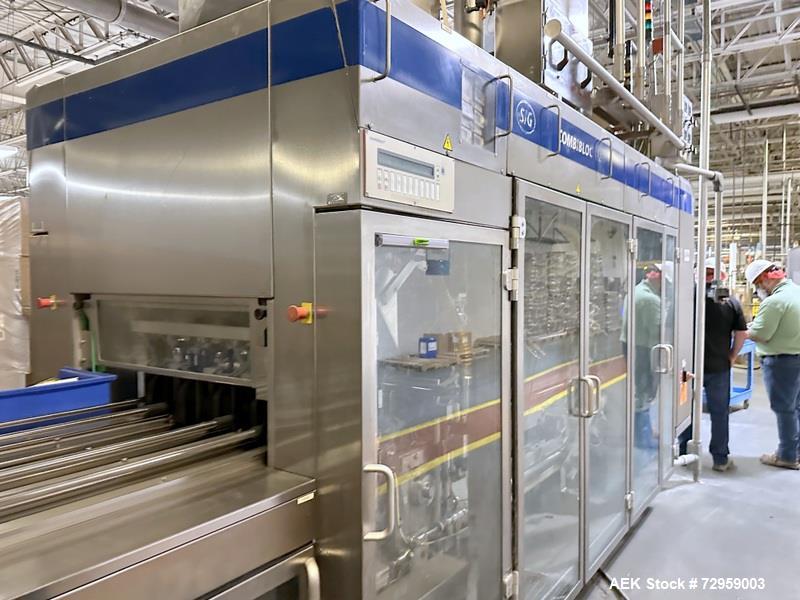 Used Combibloc (Sig) Model 112-32 Aseptic Brick Pack Cartoning Lines. The fillers are capable of running 125 ml, 150 ml, 200 ml or 250 ml cartons (with changeparts). Has Sig Beckhoff HMI with Siemens...