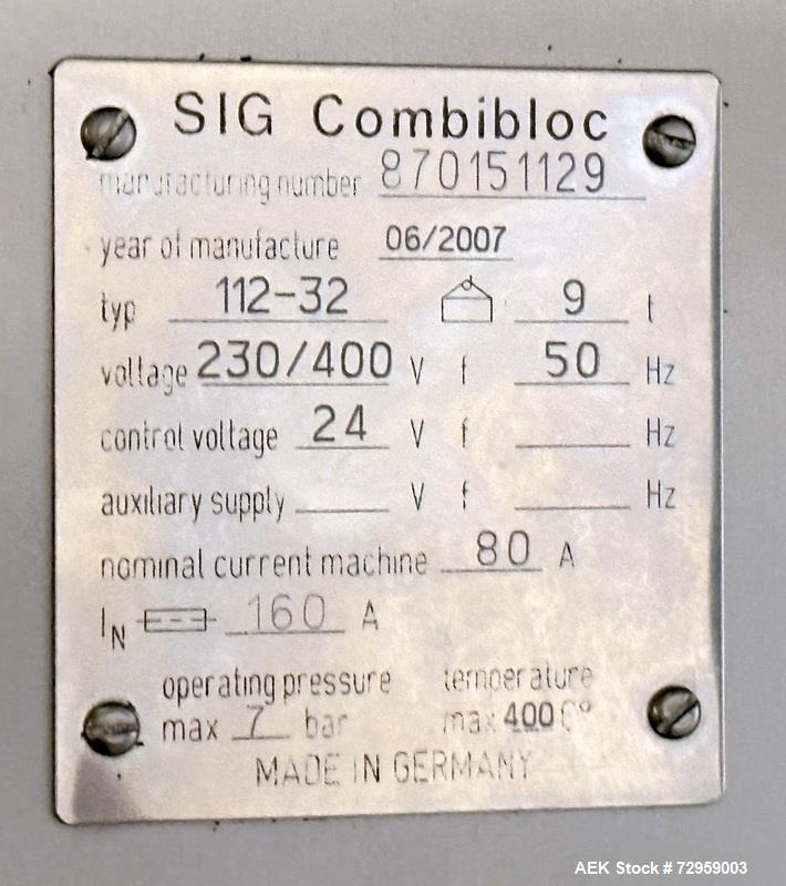 Used Combibloc (Sig) Model 112-32 Aseptic Brick Pack Cartoning Lines. The fillers are capable of running 125 ml, 150 ml, 200 ml or 250 ml cartons (with changeparts). Has Sig Beckhoff HMI with Siemens...