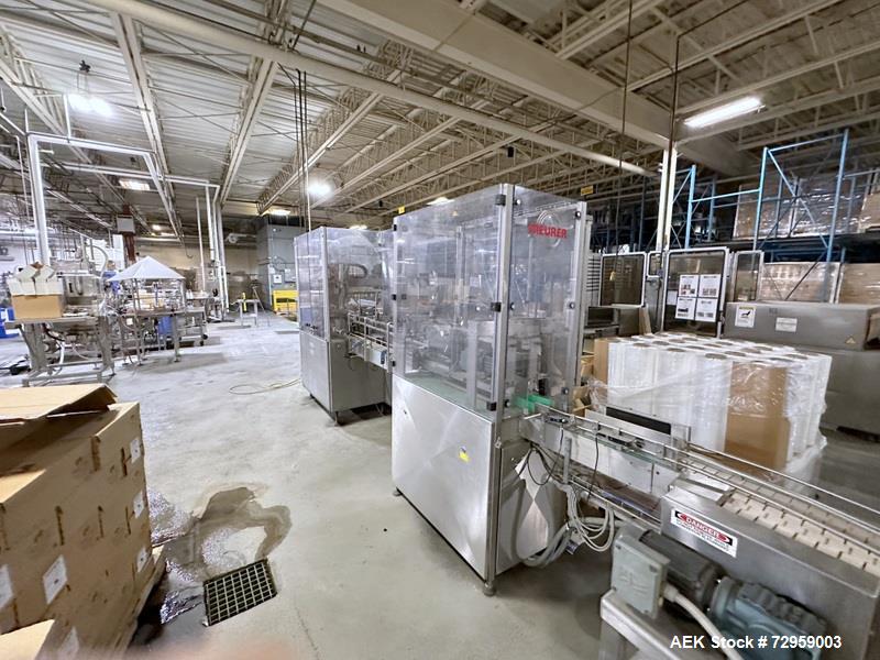 Used Combibloc (Sig) Model 112-32 Aseptic Brick Pack Cartoning Lines. The fillers are capable of running 125 ml, 150 ml, 200 ml or 250 ml cartons (with changeparts). Has Sig Beckhoff HMI with Siemens...