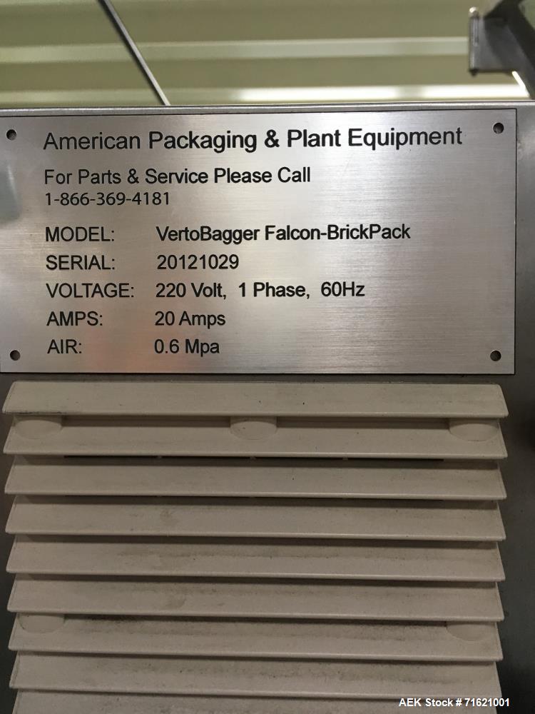 Used American Packaging & Plant Equipment VertoBagger Falcon BrickPack Machine. Vacuum brick bag, 8-15 bags/min, bag length 2-11". Bag width 3.1-7.5", vacuum -0.8 bar. AC220V/50 Hz, 3 phase, 5.5 KW, ...