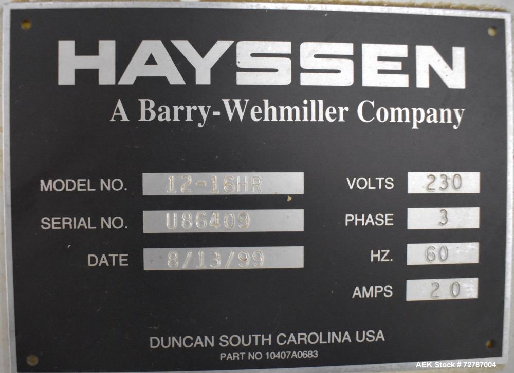 Usado- Hayssen Ultima Servo Vertical Form & Fill Bagger con relleno de llenado, modelo 12-16HR. Capaz de hasta 60 PPM, ancho...