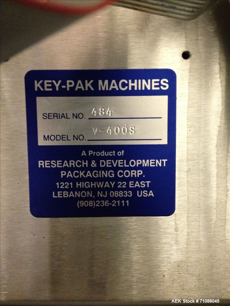 Used- Key-Pak Model V400S Vertical Form, Fill, & Seal Machine. Bag size range: (Width) 6" - 15" (Length) 6" - 30". Has Marke...