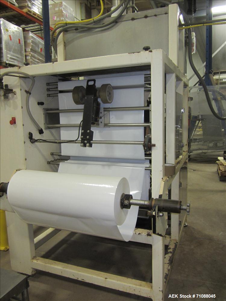 Used Key-Pak Model V400S vertical form fill seal machine. Bag size range: (Width) 6" - 15" (Length) 6" - 30". Has Markem hot stamp coder, side belt pull down, static eliminator,  registration and Mat...