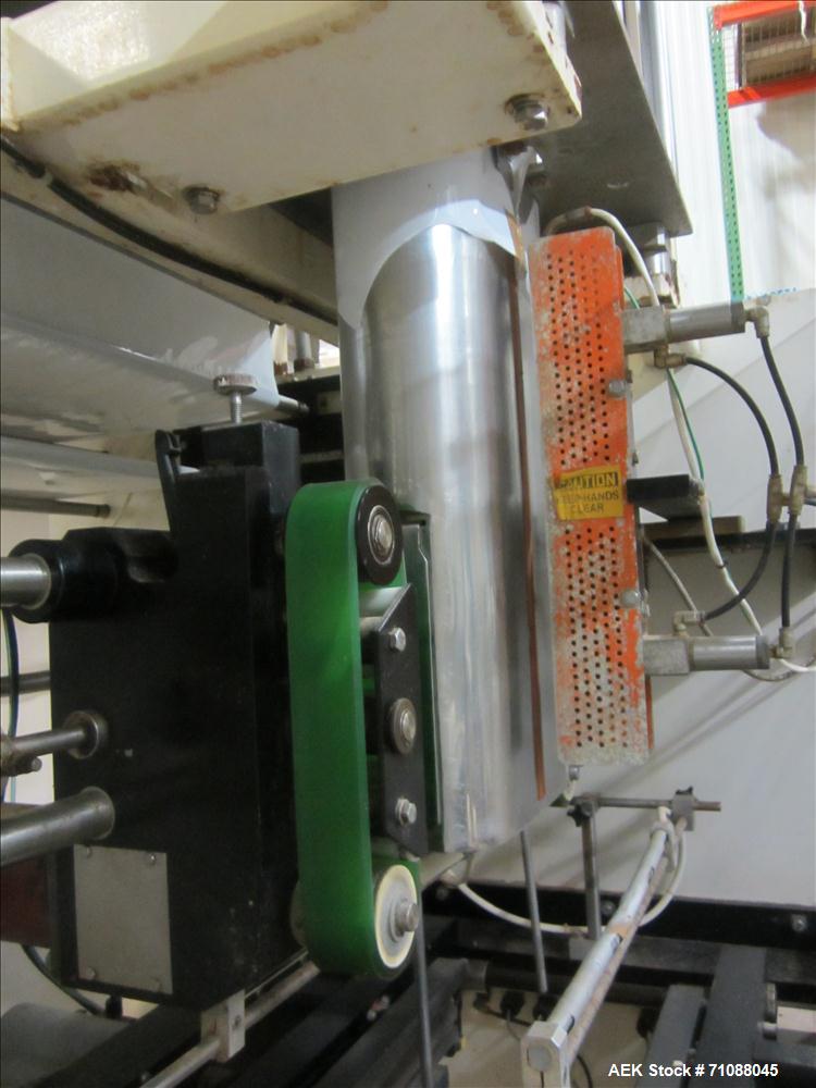 Used Key-Pak Model V400S vertical form fill seal machine. Bag size range: (Width) 6" - 15" (Length) 6" - 30". Has Markem hot stamp coder, side belt pull down, static eliminator,  registration and Mat...