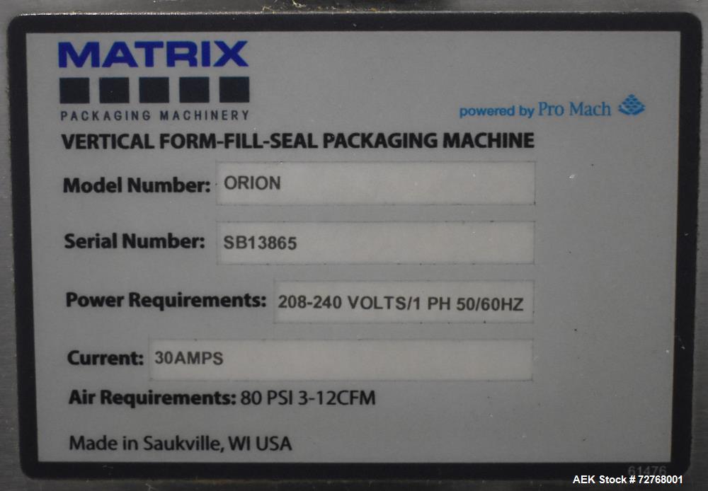 Matrix Orion Vertical Bagger with All Fill Servo Auger Filler and Thermal Date C