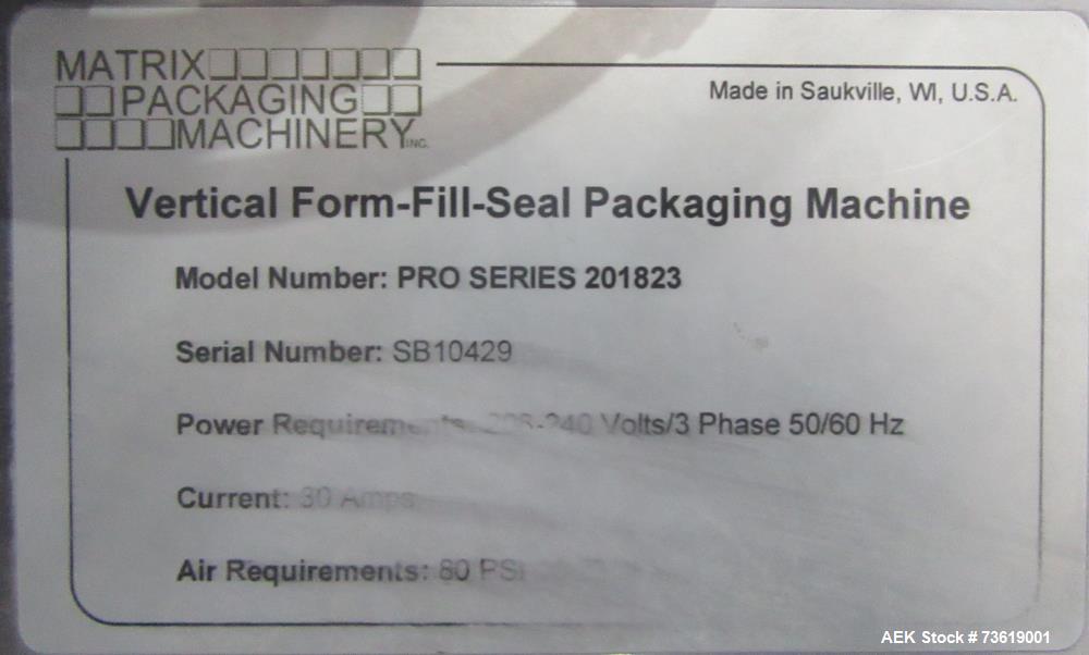 Used Matrix Packaging Pro Series 201823 Vertical Form Fill Seal Machine with All-Fill Auger Filler