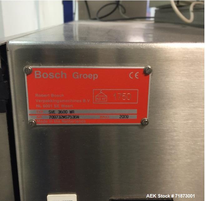 Used Bosch Vertical Bagging Machine, Model SVE 3600 WR. 80 bags/min. Mfg. 2009.  Connected electrical load :14Kva,230/400 V + N,50/60 Hz.  Has a 135mm former.  Previously used to produce a quad seal ...