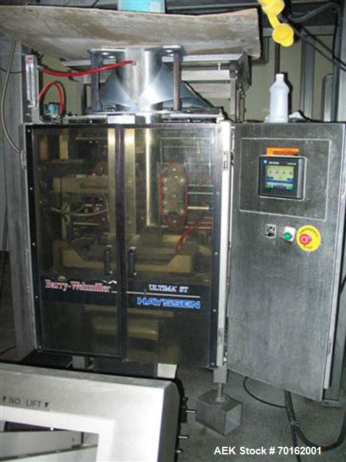 Used Hayssen Ultima ST Model 12-19HR Vertical Form Fill and Seal Machine capable of speeds up to 100 pouches per minute. Has a bag size range of 2-1/2" to 12" wide and 3" to 19" long. All stainless s...