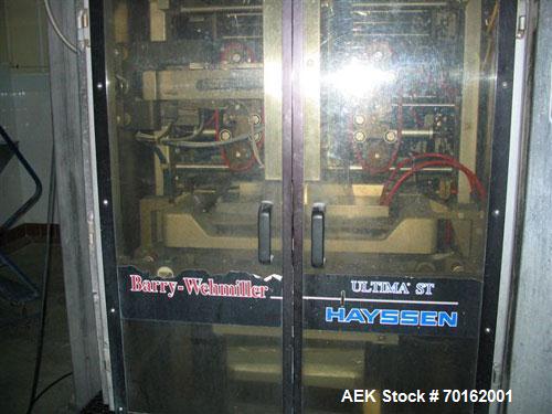 Used Hayssen Ultima ST Model 12-19HR Vertical Form Fill and Seal Machine capable of speeds up to 100 pouches per minute. Has a bag size range of 2-1/2" to 12" wide and 3" to 19" long. All stainless s...
