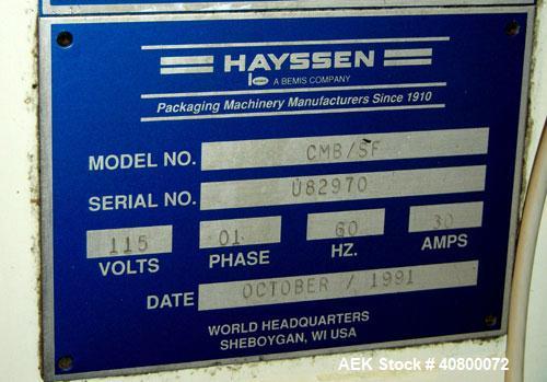 Used Hayssen Ultima CMB/SF Vertical Form Fill and Seal Bagger capable of speeds up to 110 bags per minute. Bag size range: (Width) 4" to 12" (Length) 4" to 23" Can do a 32"L bag with a double pull. C...