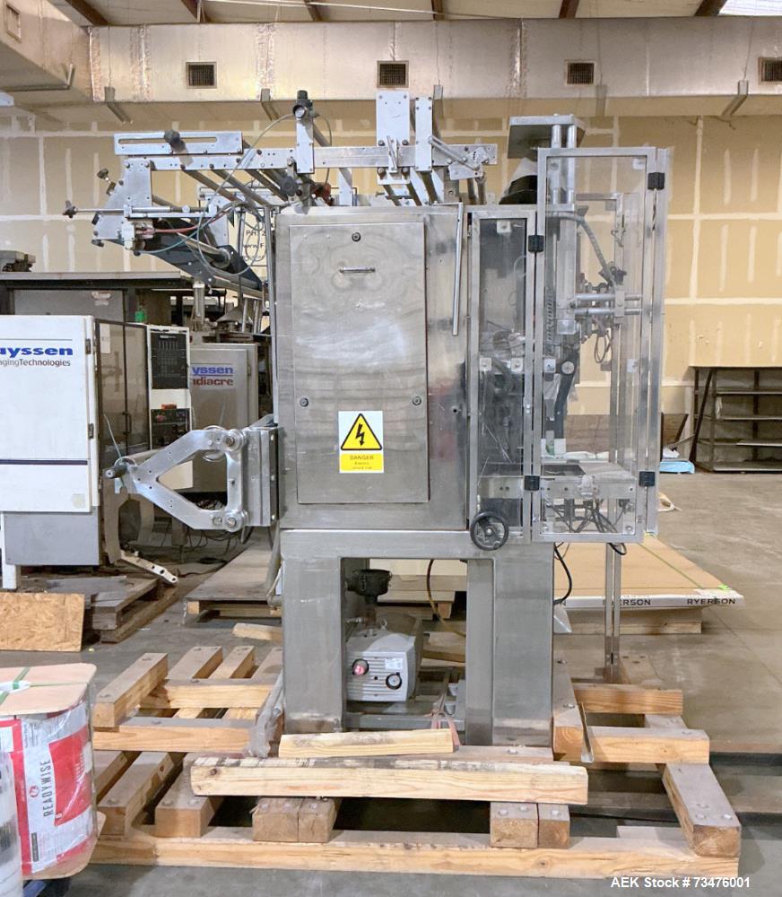 Used Hayssen Sandiacre Vertical, Form, Fill and Seal Machine, Model VFFS. Stainless steel construction. Last making pillow pouches. 3/60/480V.