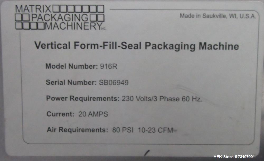 Used Matrix Model 916R Vertical Form Fill Seal Machine – 70 CPM, Snack Food Ready