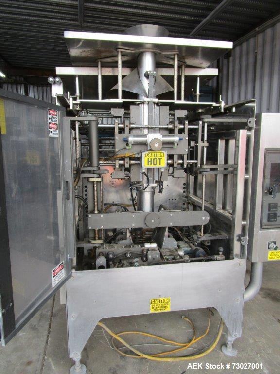 Used Pacmac Model 9500 Vertical Form, Fill, and Seal Machine with Zipper. Has a bag size range of: 3" to 15" (wide) and 4" to 19" (length). Has a maximum web width of 36". Equipped with film registra...