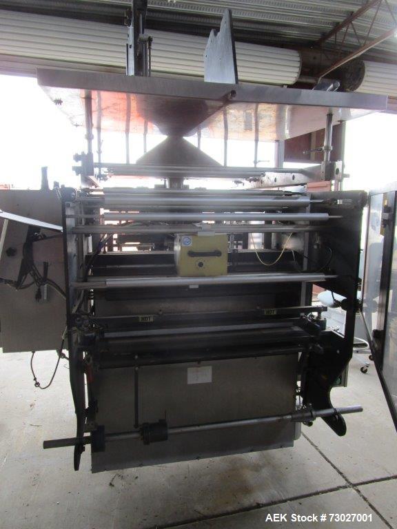 Used Pacmac Model 9500 Vertical Form, Fill, and Seal Machine with Zipper. Has a bag size range of: 3" to 15" (wide) and 4" to 19" (length). Has a maximum web width of 36". Equipped with film registra...