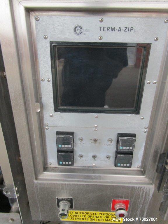 Used Pacmac Model 9500 Vertical Form, Fill, and Seal Machine with Zipper. Has a bag size range of: 3" to 15" (wide) and 4" to 19" (length). Has a maximum web width of 36". Equipped with film registra...