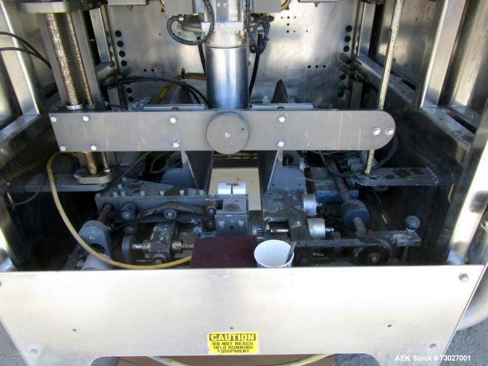 Used Pacmac Model 9500 Vertical Form, Fill, and Seal Machine with Zipper. Has a bag size range of: 3" to 15" (wide) and 4" to 19" (length). Has a maximum web width of 36". Equipped with film registra...