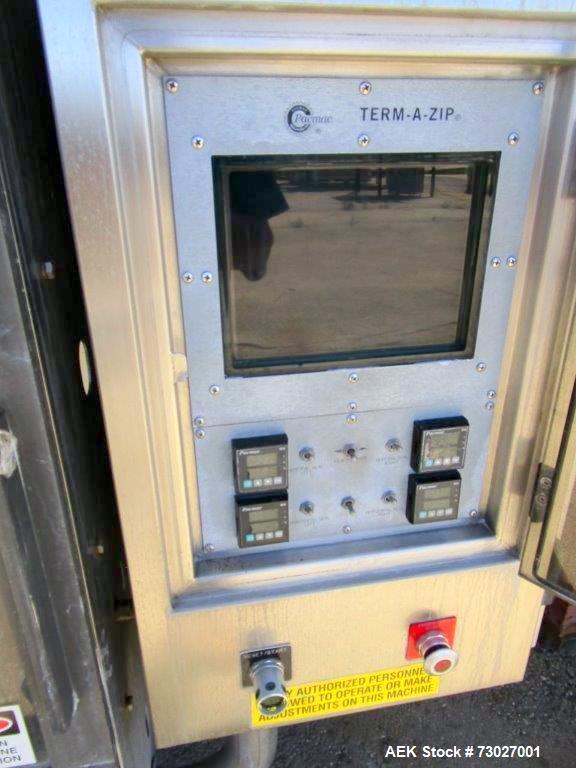 Used Pacmac Model 9500 Vertical Form, Fill, and Seal Machine with Zipper. Has a bag size range of: 3" to 15" (wide) and 4" to 19" (length). Has a maximum web width of 36". Equipped with film registra...