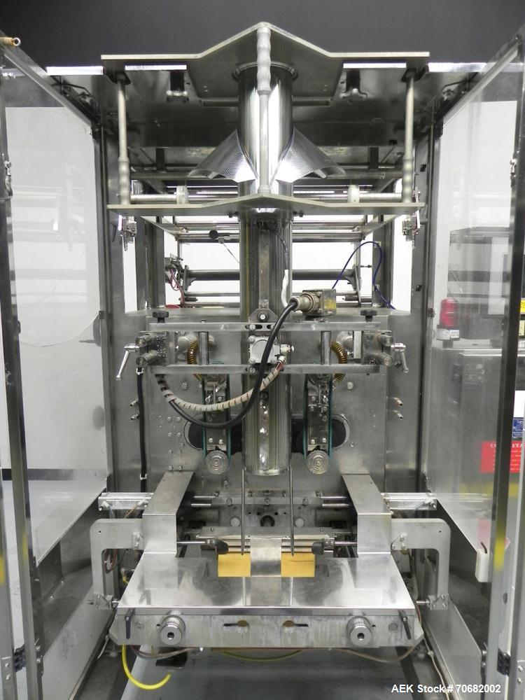 Used Sandiacre Model TG400-LX Single Tube Vertical Form, Fill, & Seal Machine. Capable of up to 60 bags per minute. Has a bag size range of min: 120mm to max: 400 (width) by up to 600mm (length) on a...