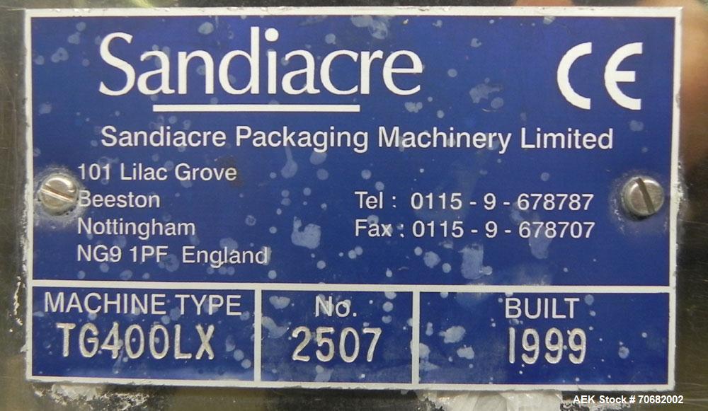 Used Sandiacre Model TG400-LX Single Tube Vertical Form, Fill, & Seal Machine. Capable of up to 60 bags per minute. Has a bag size range of min: 120mm to max: 400 (width) by up to 600mm (length) on a...