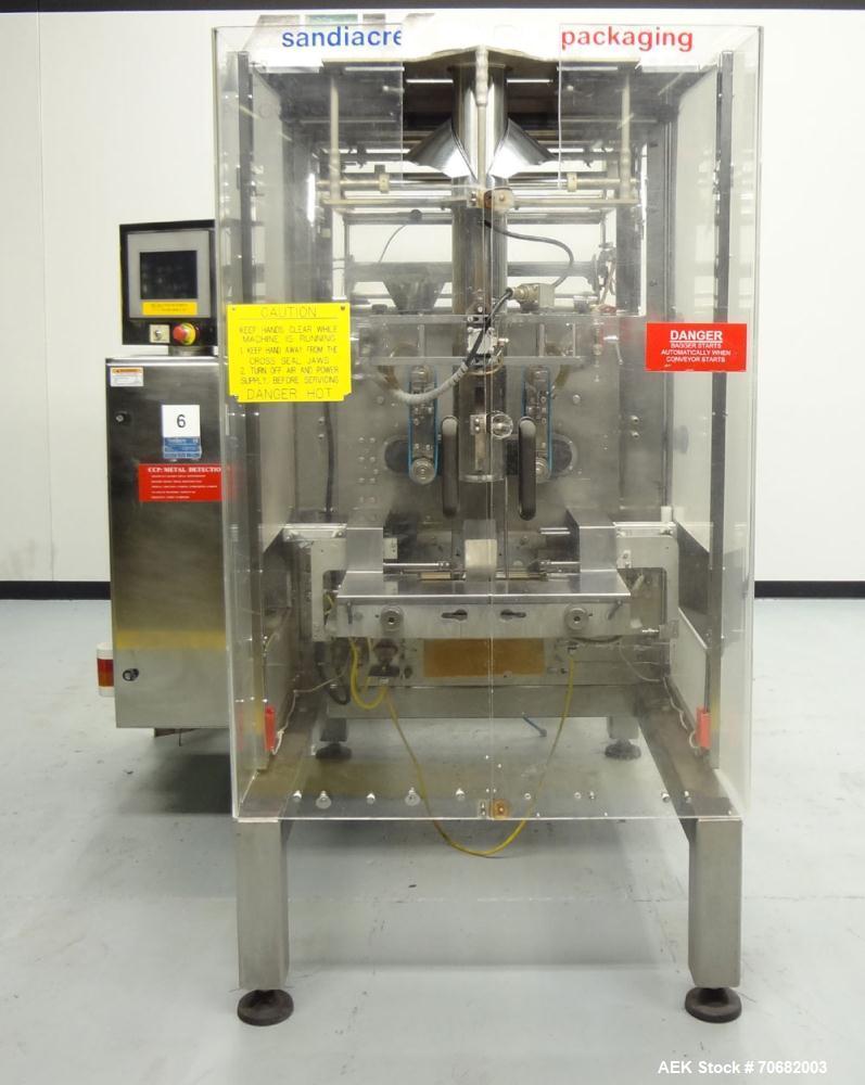 Used- Sandiacre Model TG400-LX Single Tube Vertical Form, Fill, & Seal Machine. Capable of up to 60 bags per minute. Has a b...