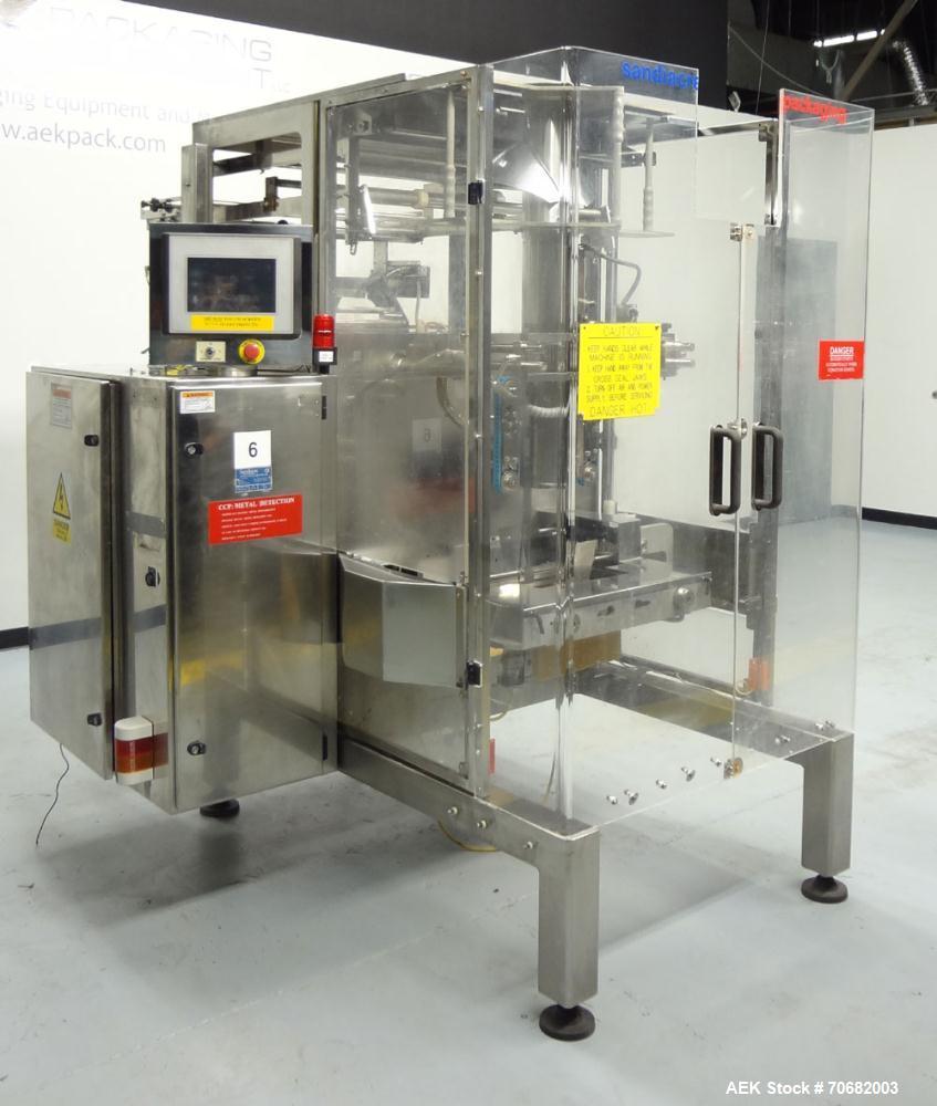 Used Sandiacre Model TG400-LX Single Tube Vertical Form, Fill, & Seal Machine. Capable of up to 60 bags per minute. Has a bag size range of min: 120mm to max: 400 (width) by up to 600mm (length) on a...