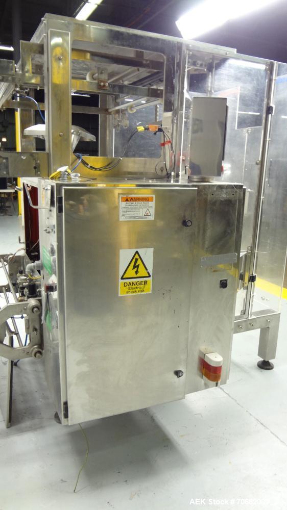 Used Sandiacre Model TG400-LX Single Tube Vertical Form, Fill, & Seal Machine. Capable of up to 60 bags per minute. Has a bag size range of min: 120mm to max: 400 (width) by up to 600mm (length) on a...