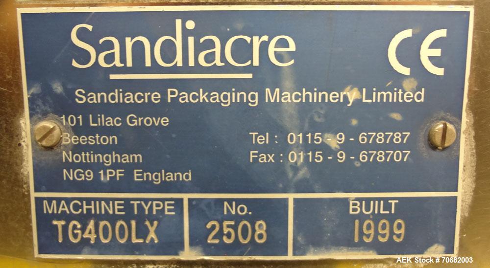 Used Sandiacre Model TG400-LX Single Tube Vertical Form, Fill, & Seal Machine. Capable of up to 60 bags per minute. Has a bag size range of min: 120mm to max: 400 (width) by up to 600mm (length) on a...