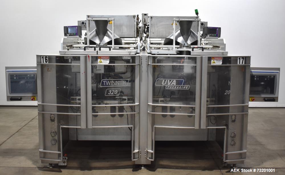 Used- UVA Model Twinner 320 Twin Tube Vertical Form Fill Seal Machine. Continuous motion high speed unit. Has 320mm wide sea...