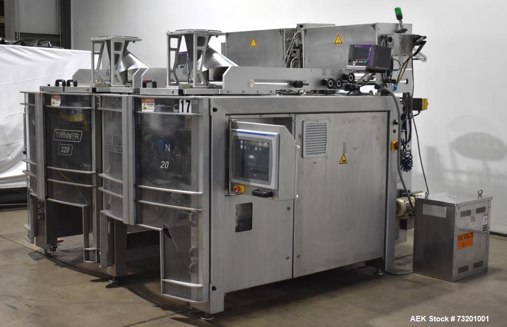 Used- UVA Model Twinner 320 Twin Tube Vertical Form Fill Seal Machine. Continuous motion high speed unit. Has 320mm wide sea...