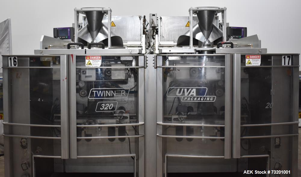 Used- UVA Model Twinner 320 Twin Tube Vertical Form Fill Seal Machine. Continuous motion high speed unit. Has 320mm wide sea...