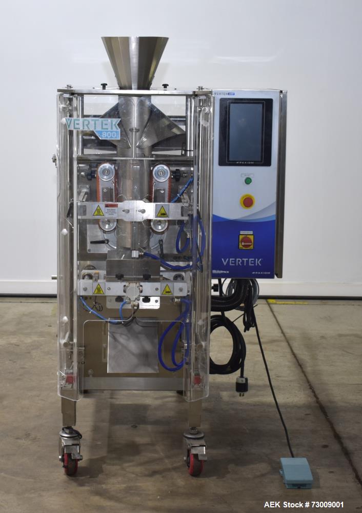 Used Weighpack Systems Model Vertek 800 Vertical Form Fill Seal Bagger. Capable of speeds up to 60 bags per minute (depending on application). Bag size range: up to 8" or 200mm (width) x up to 17.25"...