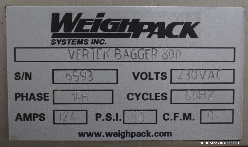 Used Weighpack Systems Model Vertek 800 Vertical Form Fill Seal Bagger. Capable of speeds up to 60 bags per minute (depending on application). Bag size range: up to 8" or 200mm (width) x up to 17.25"...