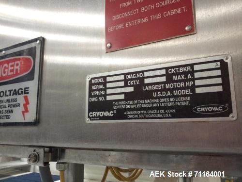 Used Cryovac 2000B Vertical Form Fill Seal Machine for Liquids. Capable of speeds up to 30 bags per pouch per minute. Has a pouch size range: width 6" to 12", length 8" to 24". Pouch fill volume 16 o...