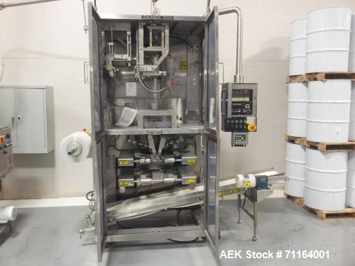 Used Cryovac 2000B Vertical Form Fill Seal Machine for Liquids. Capable of speeds up to 30 bags per pouch per minute. Has a pouch size range: width 6" to 12", length 8" to 24". Pouch fill volume 16 o...