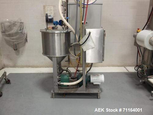 Used Cryovac 2000B Vertical Form Fill Seal Machine for Liquids. Capable of speeds up to 30 bags per pouch per minute. Has a pouch size range: width 6" to 12", length 8" to 24". Pouch fill volume 16 o...