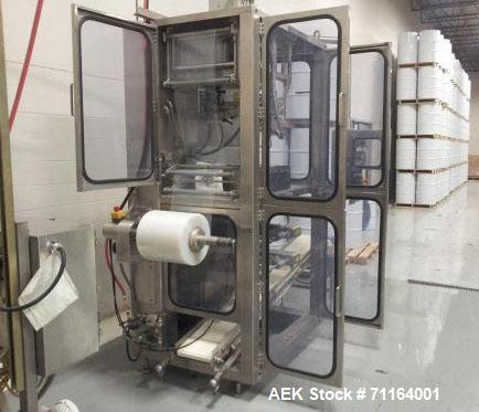 Used Cryovac 2000B Vertical Form Fill Seal Machine for Liquids. Capable of speeds up to 30 bags per pouch per minute. Has a pouch size range: width 6" to 12", length 8" to 24". Pouch fill volume 16 o...