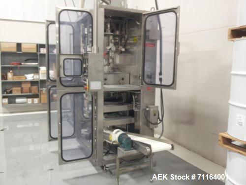 Used Cryovac 2000B Vertical Form Fill Seal Machine for Liquids. Capable of speeds up to 30 bags per pouch per minute. Has a pouch size range: width 6" to 12", length 8" to 24". Pouch fill volume 16 o...