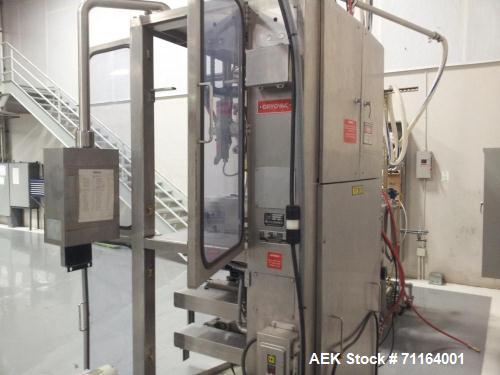 Used Cryovac 2000B Vertical Form Fill Seal Machine for Liquids. Capable of speeds up to 30 bags per pouch per minute. Has a pouch size range: width 6" to 12", length 8" to 24". Pouch fill volume 16 o...