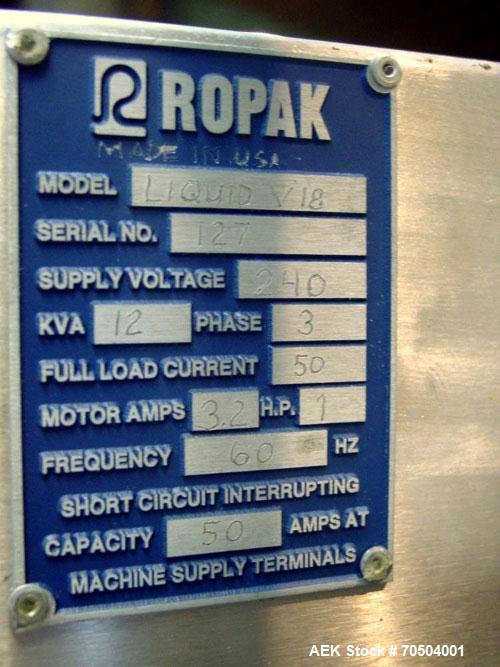 Used Ropak Model Liquid 18-V (6) Head VFFS Pouch Filler. For single or dual packs, for 1/4 oz to 1 oz pouches of gels, conditioners, shampoo, ointments and creams.3 - 6 up configuration in a 4 sided ...