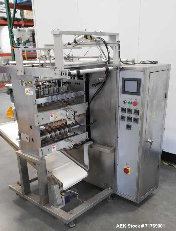 Used- Shenzhen Ourpack 5 up pouch packer with liquid piston filler.  Fill volume range of 2 to 16 ml.  Last running 2.375"W ...