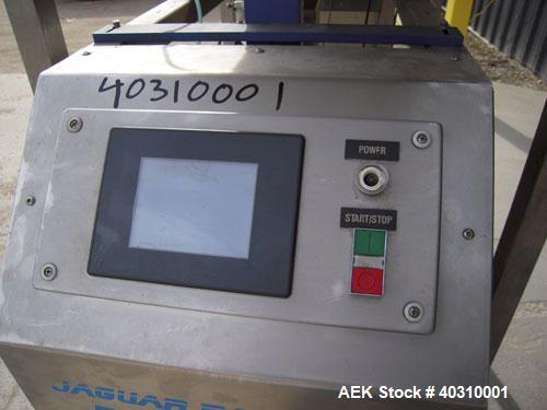 Used Jaguar M7000 single lane preform bag pouch filler and sealer capable of speeds up to 20 bags per minute. Bag range handling 4" to 12" wide x 19" long, 1.5 to 5 mil. Weight up to 20lbs. 400 bag m...
