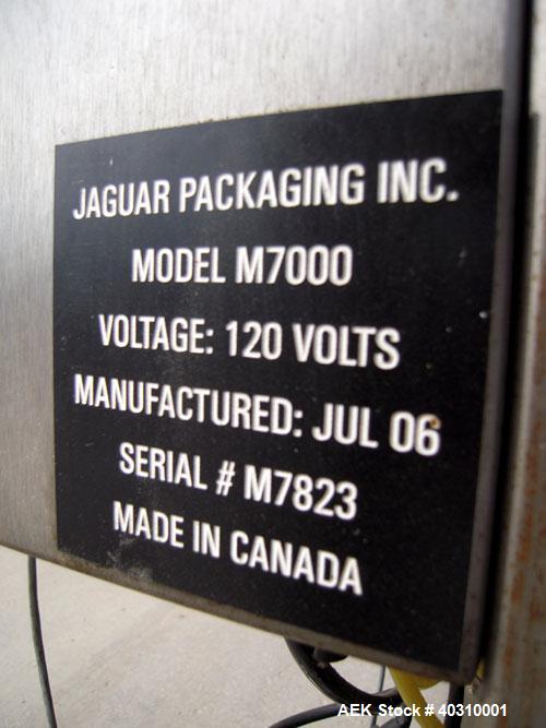 Used Jaguar M7000 single lane preform bag pouch filler and sealer capable of speeds up to 20 bags per minute. Bag range handling 4" to 12" wide x 19" long, 1.5 to 5 mil. Weight up to 20lbs. 400 bag m...