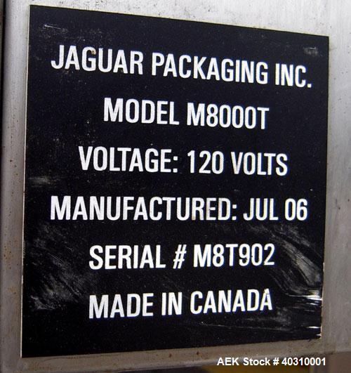 Used Jaguar M7000 single lane preform bag pouch filler and sealer capable of speeds up to 20 bags per minute. Bag range handling 4" to 12" wide x 19" long, 1.5 to 5 mil. Weight up to 20lbs. 400 bag m...
