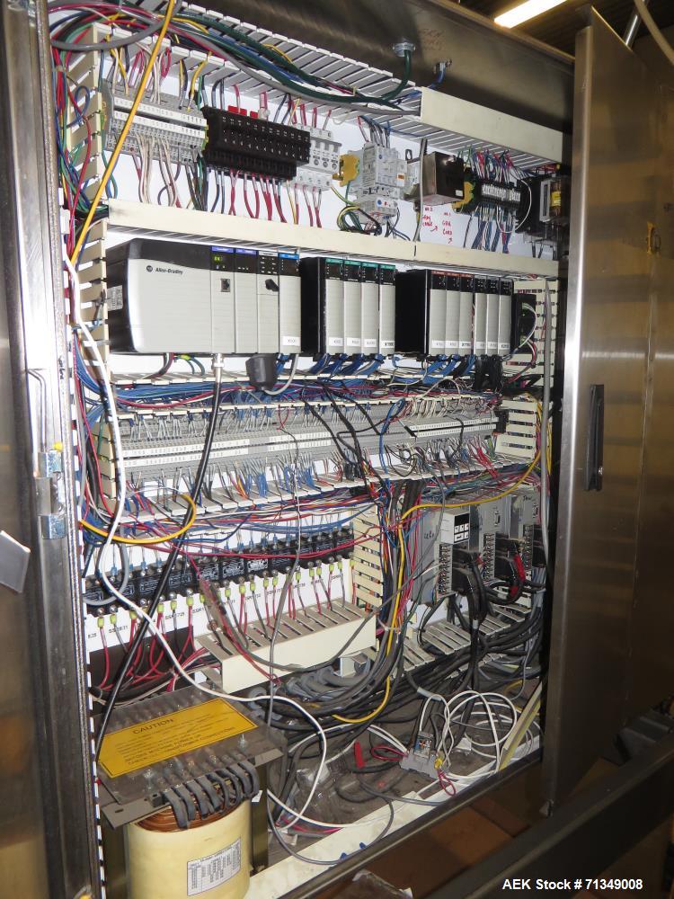 Used Bosch Model SVE2510 Vertical form fill and seal packaging system with Allen-Bradley Control Logix 5555 controls, 14 head Yamato model ADW 414SD dimpled/embossed bucket scale on mild steel platfo...