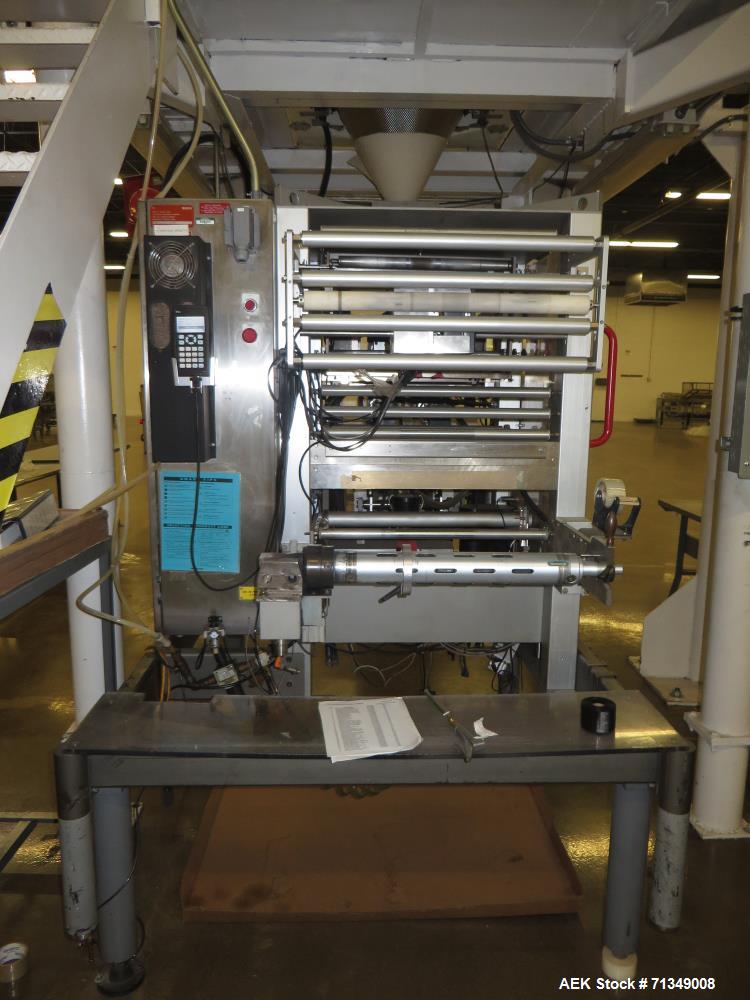 Used Bosch Model SVE2510 Vertical form fill and seal packaging system with Allen-Bradley Control Logix 5555 controls, 14 head Yamato model ADW 414SD dimpled/embossed bucket scale on mild steel platfo...